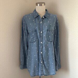 Rails Carter Denim Cactus Graphic Print Button Up Shirttail Hem Long Sleeve Line